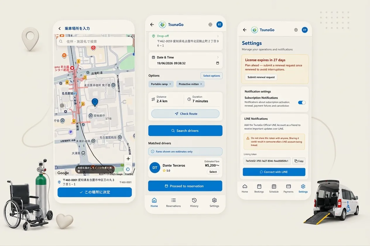 TsunaGo, Assisted Transportation App, interface preview